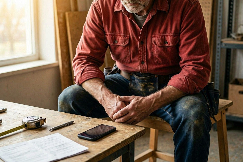 handyman sitting in front of a desk waiting for the phone to ring.