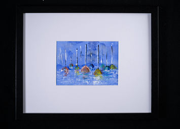 Painting, Sailboats at Rest #2, 8 sailboats calmly at rest on the water (yellow, green, blue, pink, white, black)