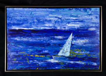 Painting, Stranded - Sailboat on the water with sky (blue, yellow, white)