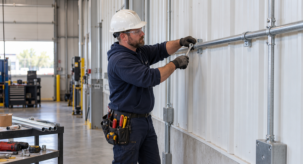 Professional photography of a construction worker using a wrench to secure a metal conduit pipe. The image captures a focused, industrial work environment.