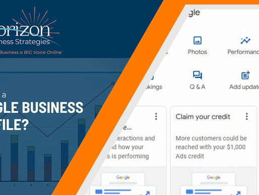 A graph beneath the Horizon Business Strategies logo on the left and a clip of the GBP manager's dashboard on the right.