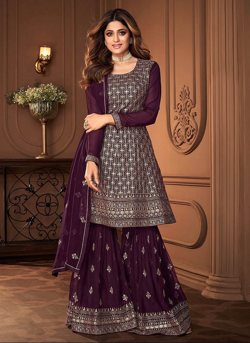 Purple and Gold Embroidered Gharara Suit Product Code : A-8697