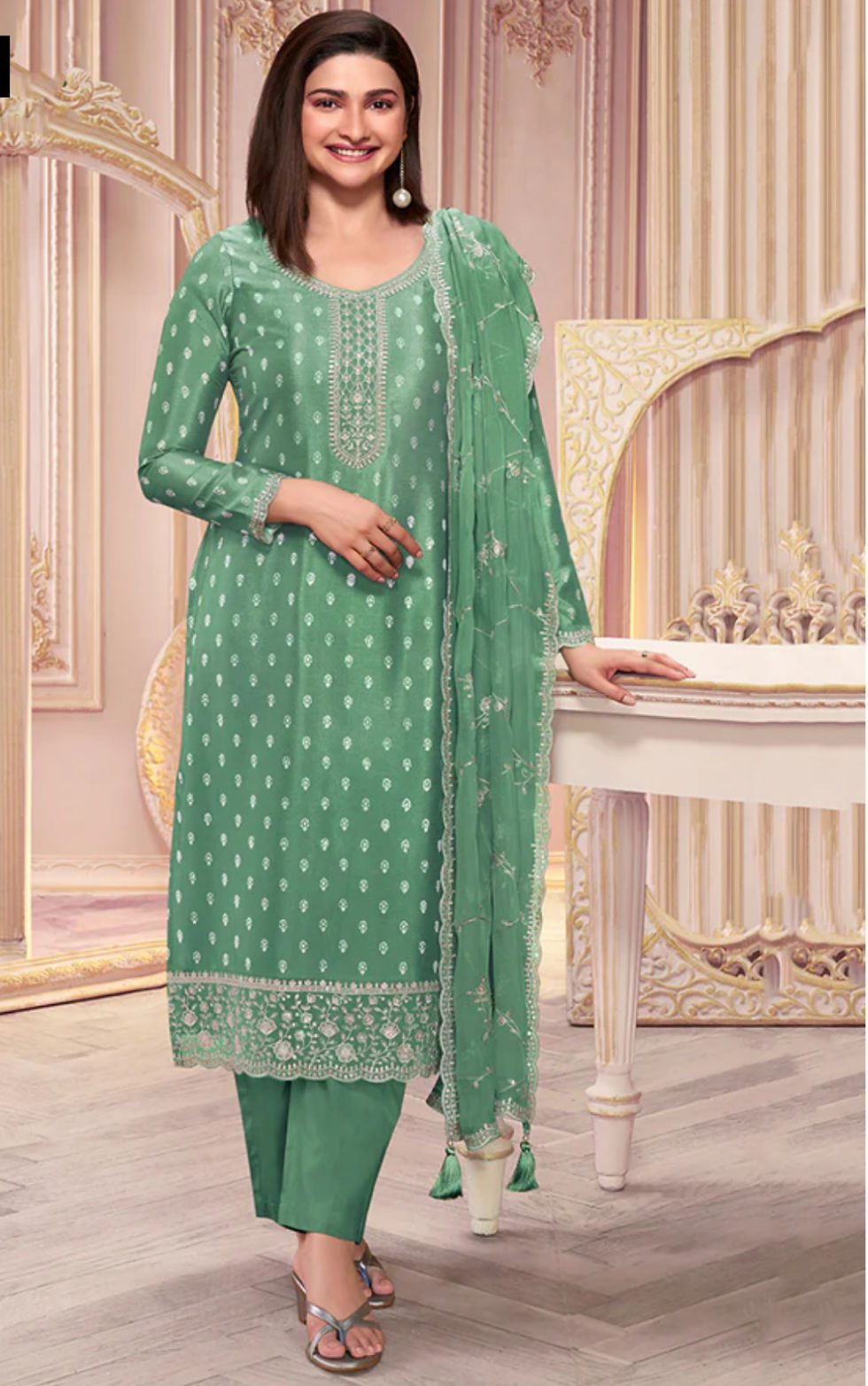 Green Reshamkari Embroidery Silk Salwar Kameez Product Code: KSH-68554