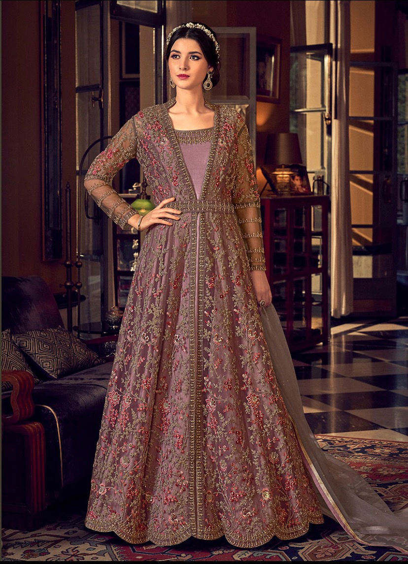 Light Purple and Gold Embroidered Jacket Style Anarkali Product Code: SW-6806