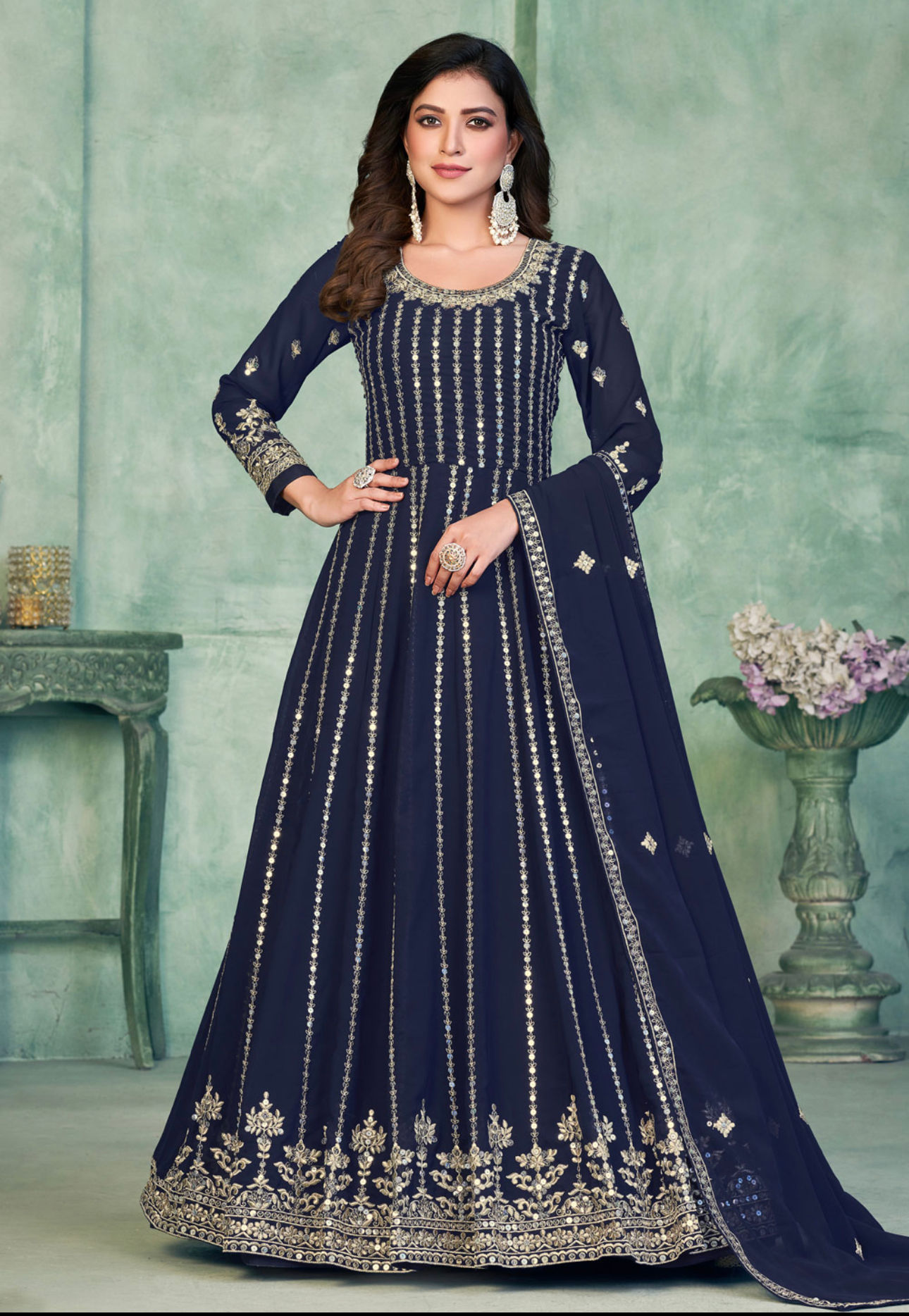 Blue and Gold Embroidered Anarkali  Product Code : A-6503