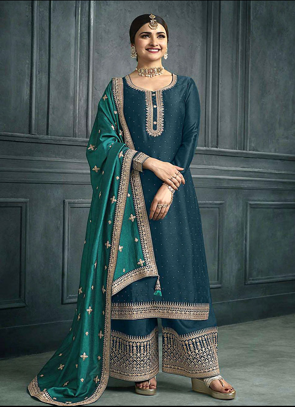 Blue and Teal Embroidered Pant Style Suit Product Code : V-63871