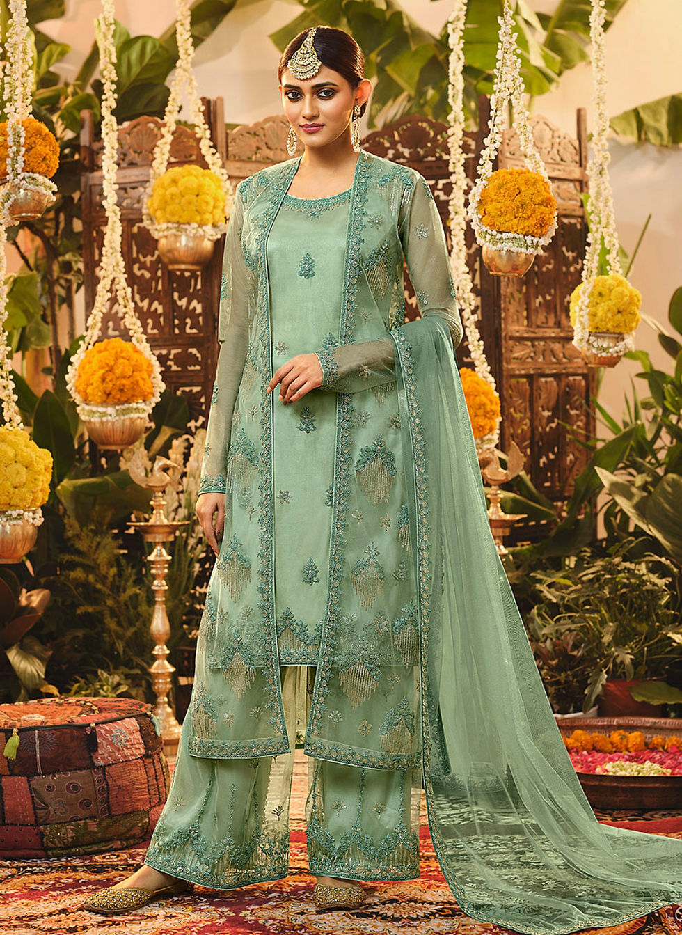 Sea Green Embroidered Jacket Style Palazzo Suit Product Code: SW-3202