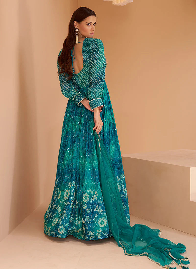 Thumbnail: Turquoise Sequence Embroidered Printed Anarkali Gown Product Cod : ARW-5362