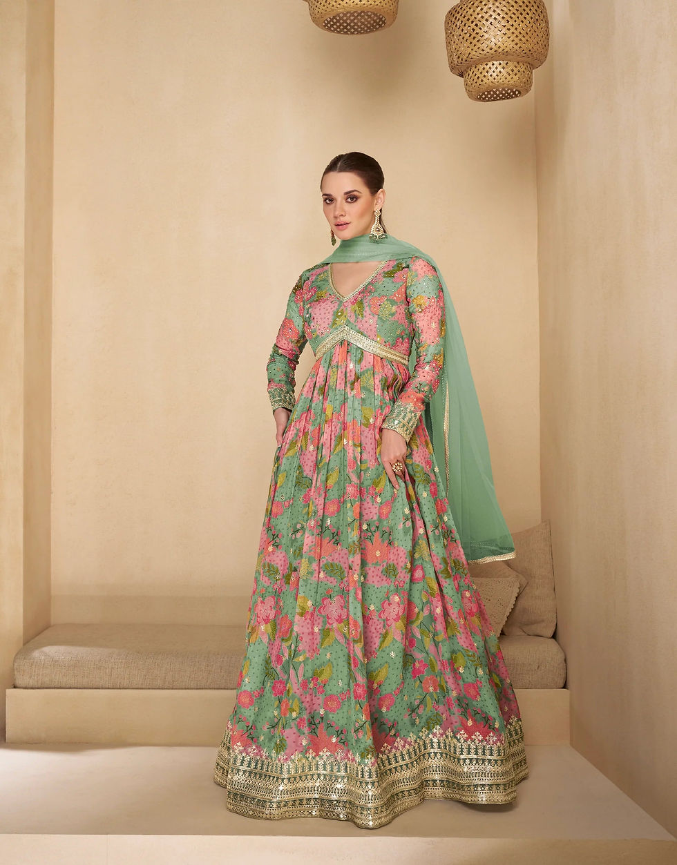 Mint Green Digital Printed Embroidered Anarkali Dress Product Code: ARW-5506