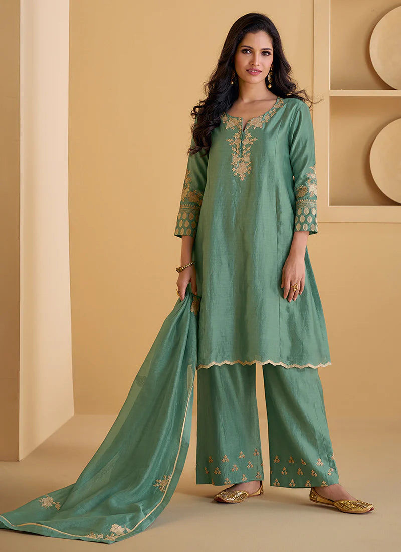 Green Embroidered Party Wear Pant Style Suit Product Code: ARW-5549