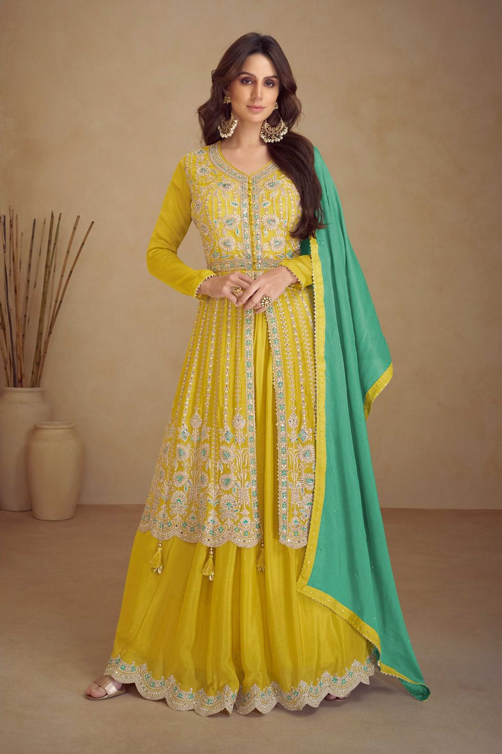 Yellow and Turquoise Embroidered Anarkali Lehenga Product Code:ARW-7461B