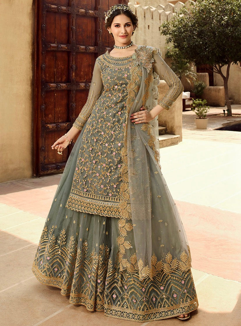 Grey and Gold Embroidered Palazzo Suit - code 15030