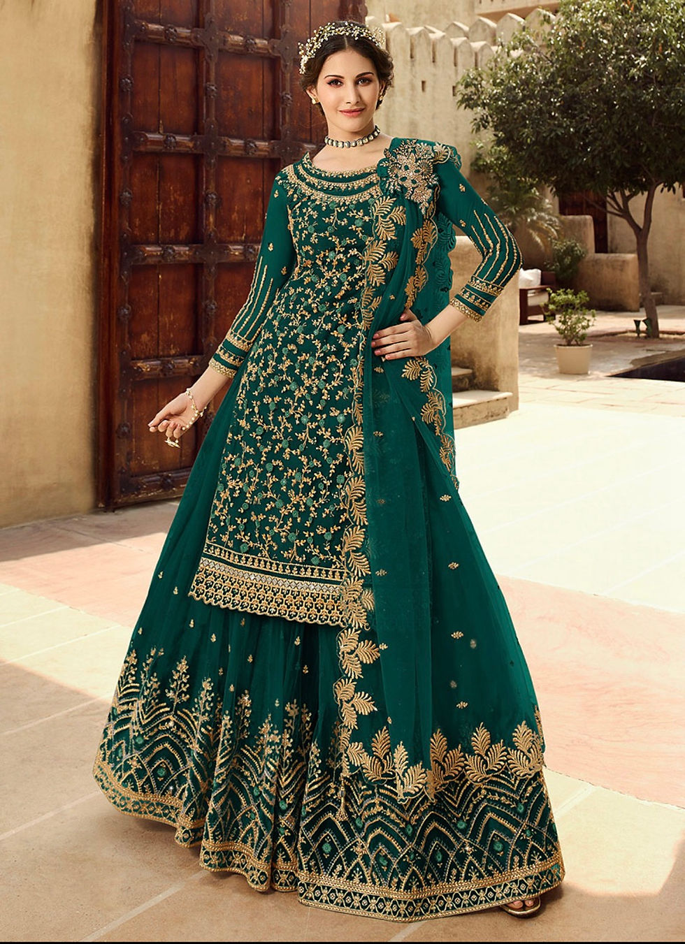 Green and Gold Embroidered Palazzo Suit Product Code: GL-15030C