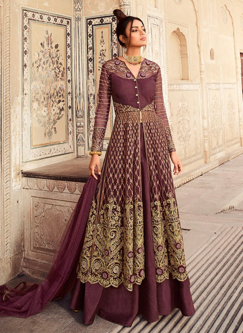 Wine and Gold Embroidered Lehenga/ Pant Sytle Anarkali - Code: SM-5602