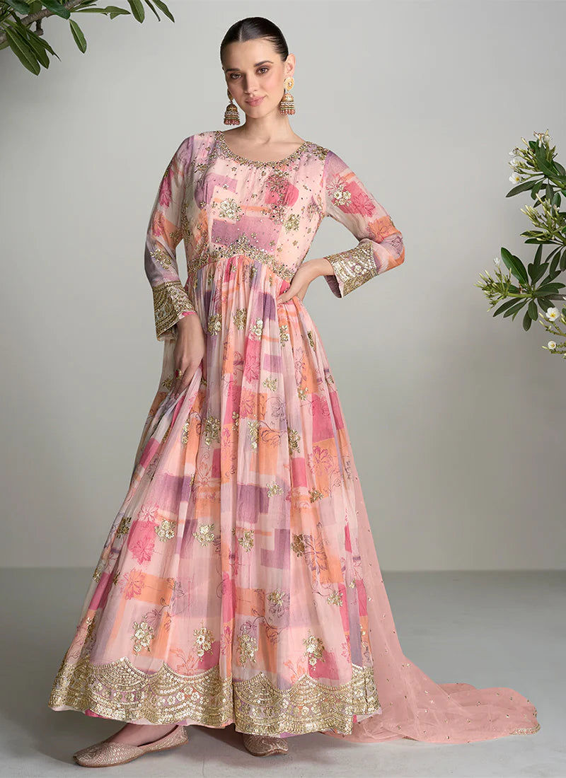 Peach And Pink Digital Printed Handwork Embroidered Anarkali Product : ARW-7462