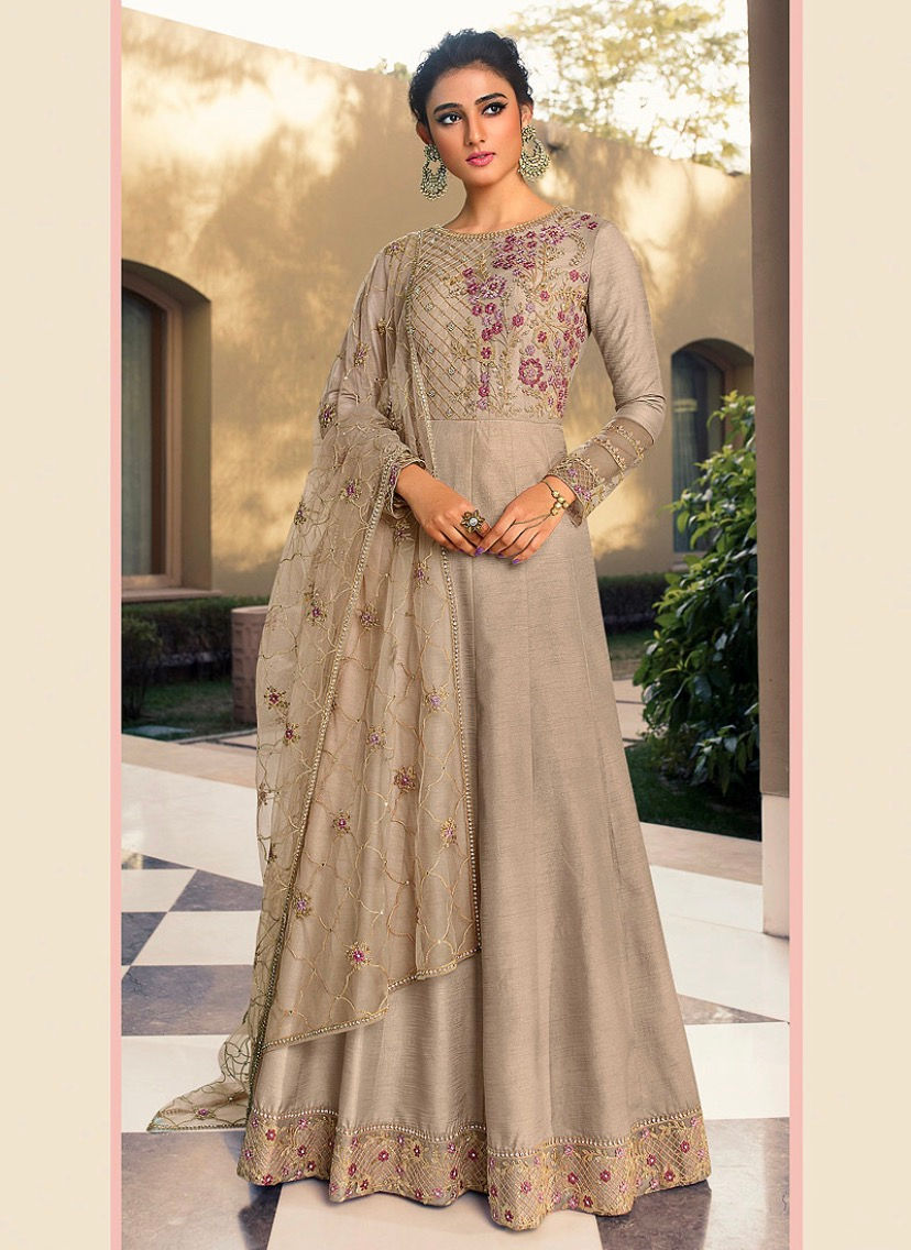 Grey and Gold Embroidered Anarkali Product Code: L-6904
