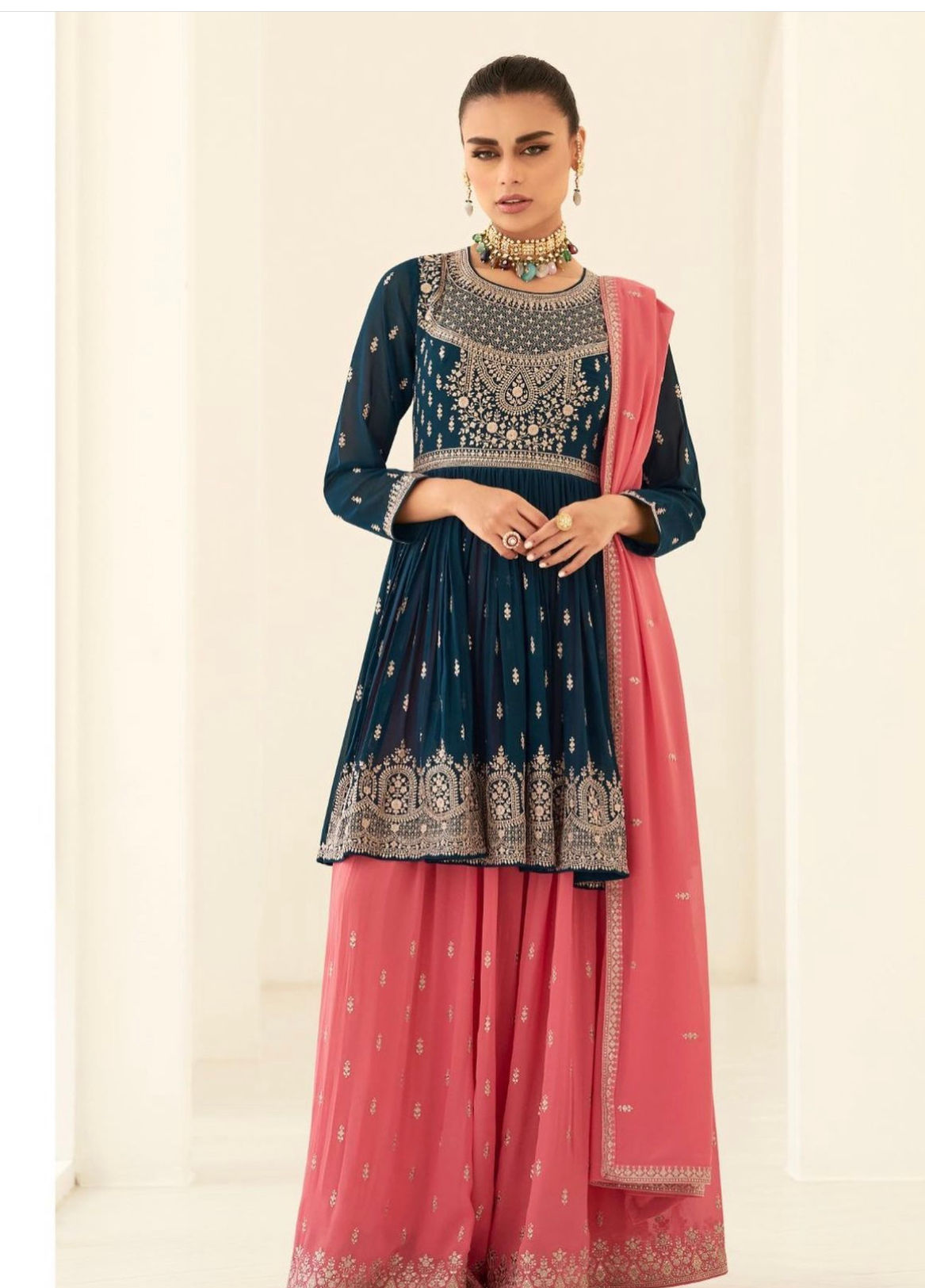 Turquoise And Peach Embroidery Anarkali Gharara Suit  Product Code : ARW-9660 