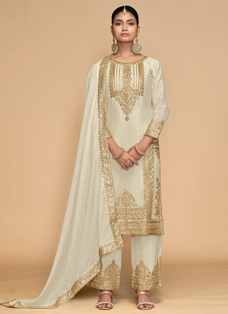 Off-White Golden Embroidered Pakistani Pant Style Suit Product Code : ARW-7473B