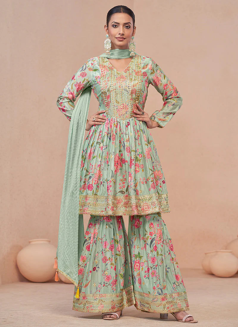 Mint Green Gota Patti Embroidery Gharara Suit Product Code : ARW-7472C