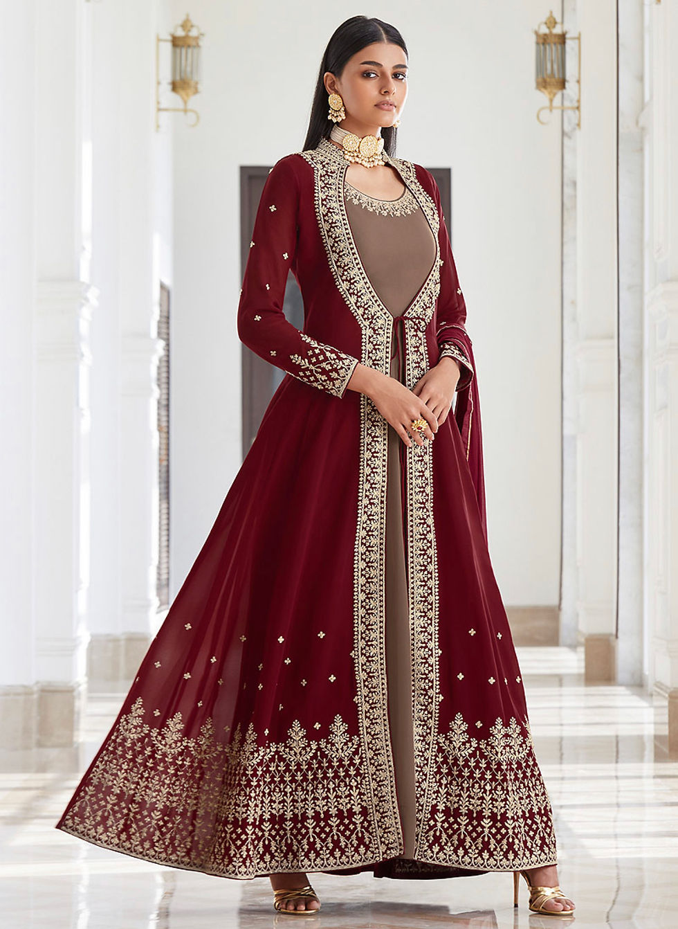 Maroon and Grey Embroidered Jacket Style Suit Product Code: A-8481