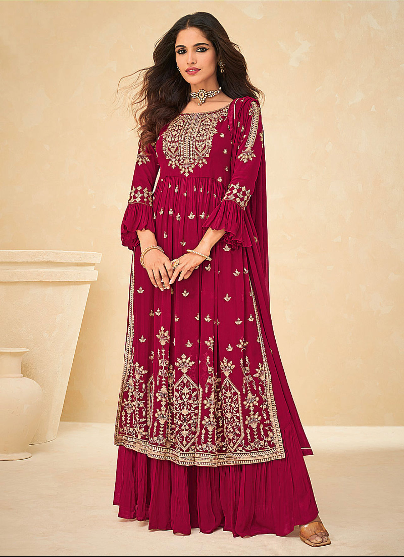 Hot Pink Thread Embroidered Pleated Palazzo Suit  Product Code: ARW-9207