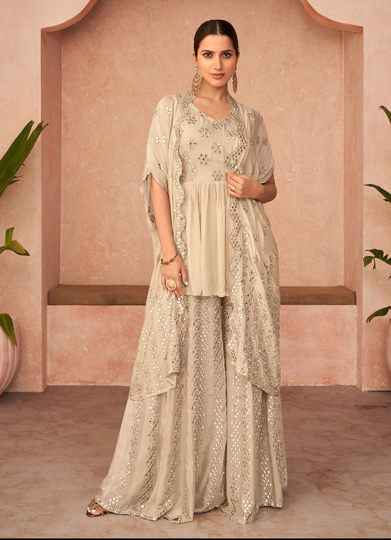 Light Beige Embroidered Jacket Style Sharara Suit  Product Code: SU-5240