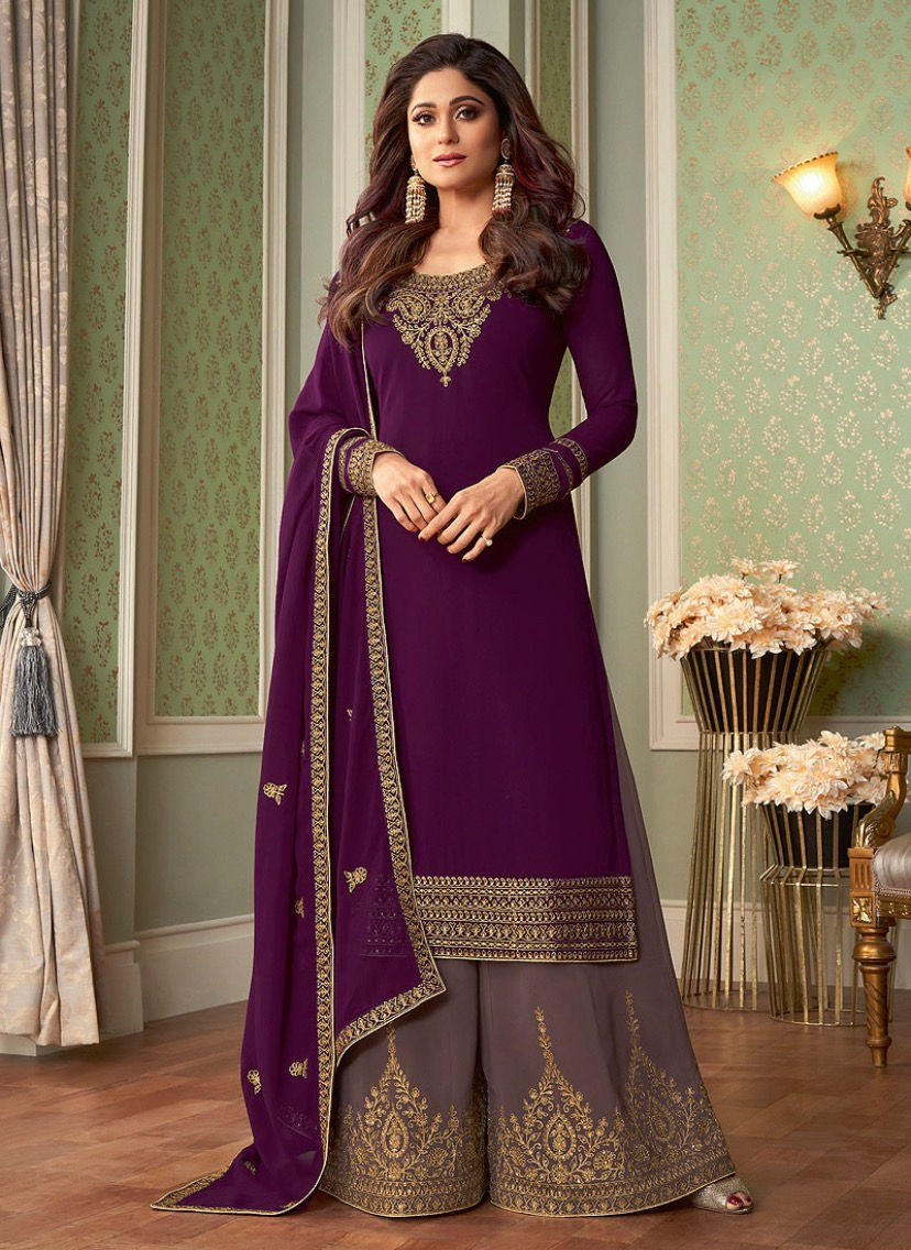 Purple and Grey Embroidered Palazzo Suit Product Code: A-8422
