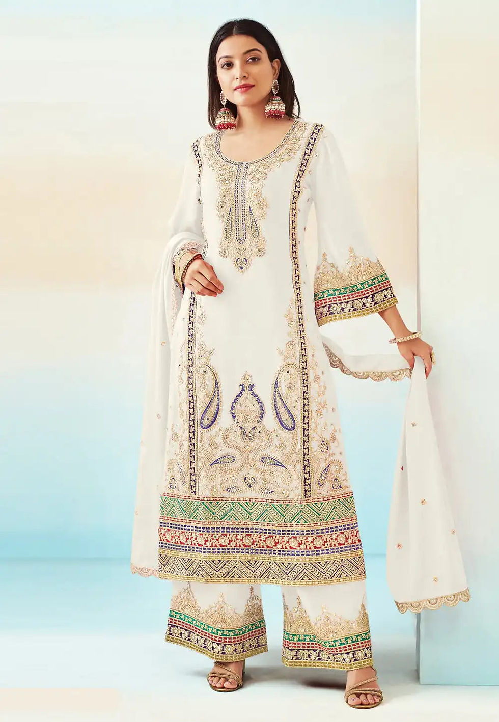 White Embroidered Palazzo Style Salwar Suit Product Code: RDH-4005