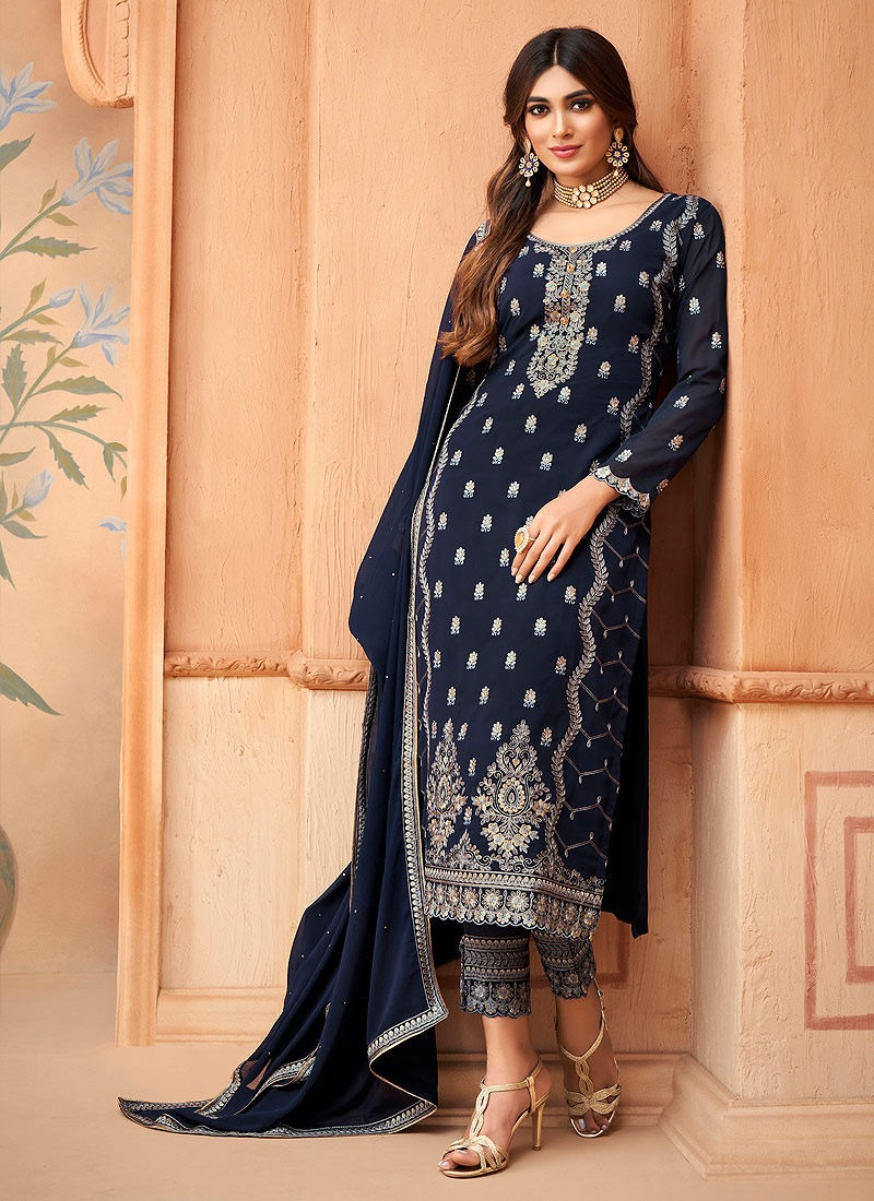 Blue and Gold Embroidered Pant Style Suit Product Code: M-96004
