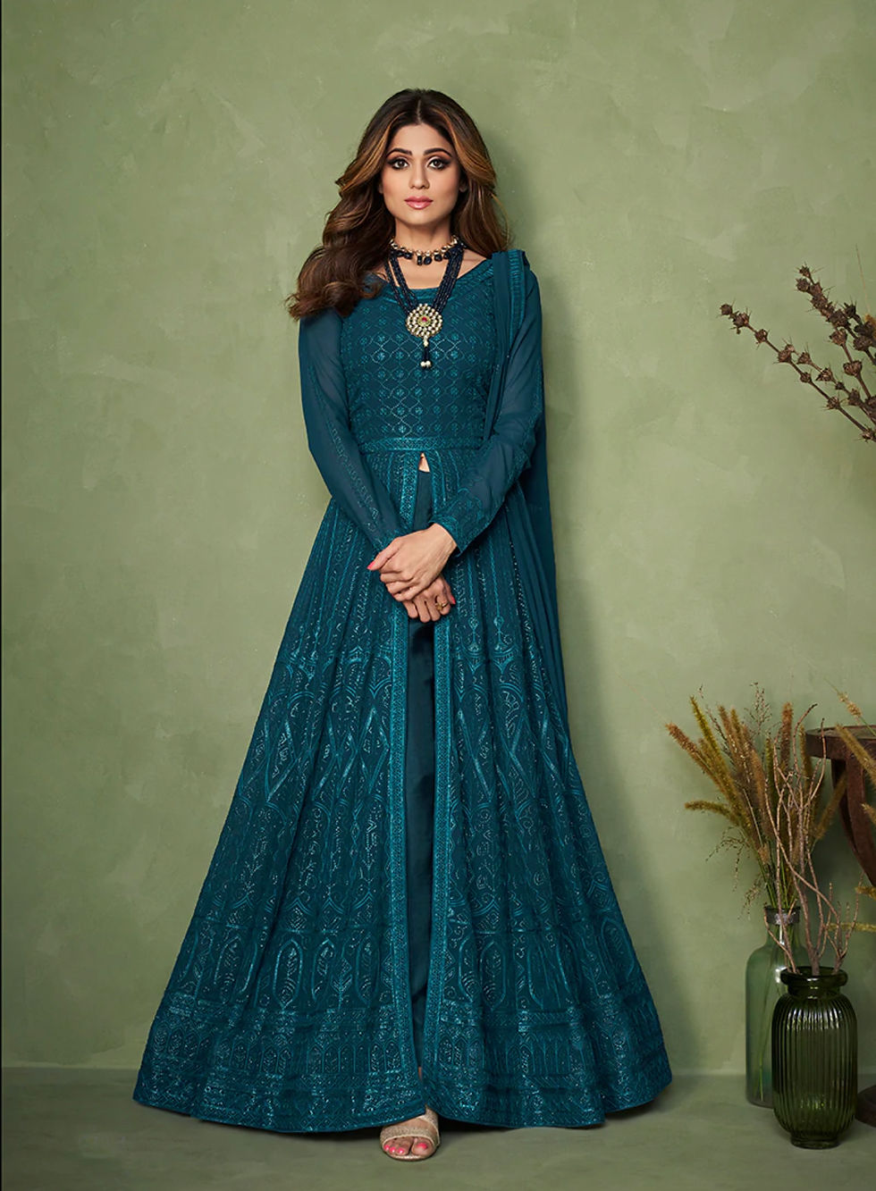 Turquoise Embroidered Georgette Slit Style Anarkali Suit Product Code: ARW-9144