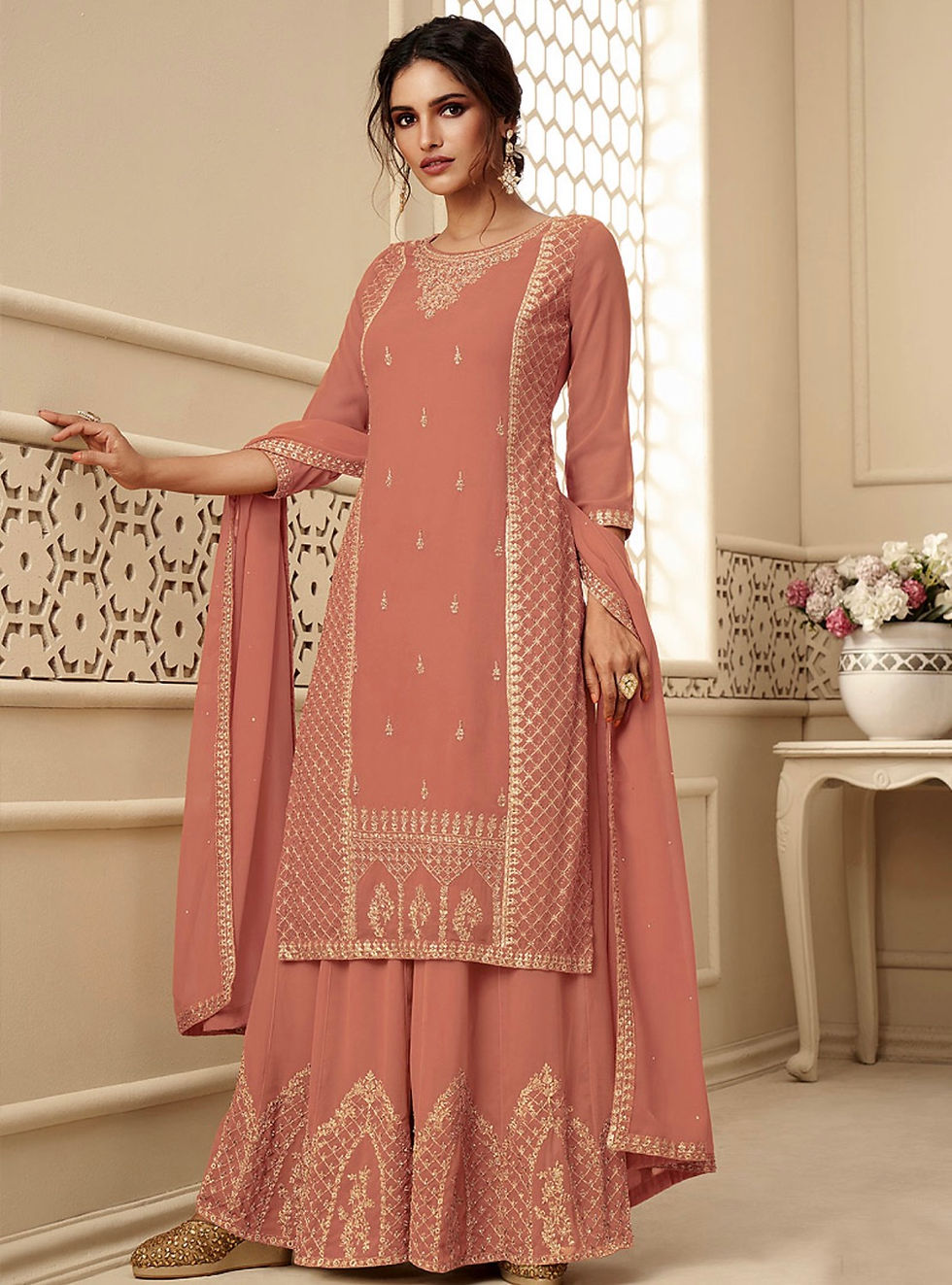 Light Pink and Gold Embroidered Palazzo Suit Product Code: M-11022