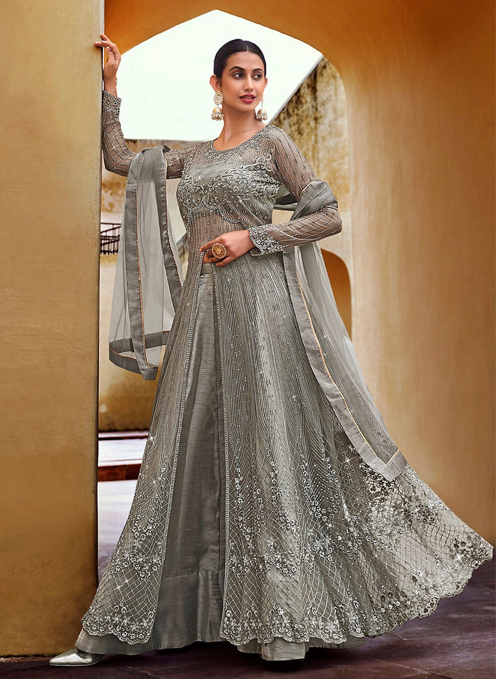 Grey Embroidered Lehenga/ Pant Style Anarkali Product Code: R-10062