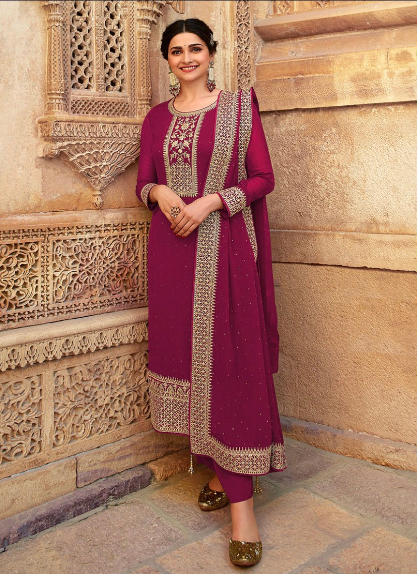 Pink and Gold Embroidered Pant Style Suit Product Code: V-14102