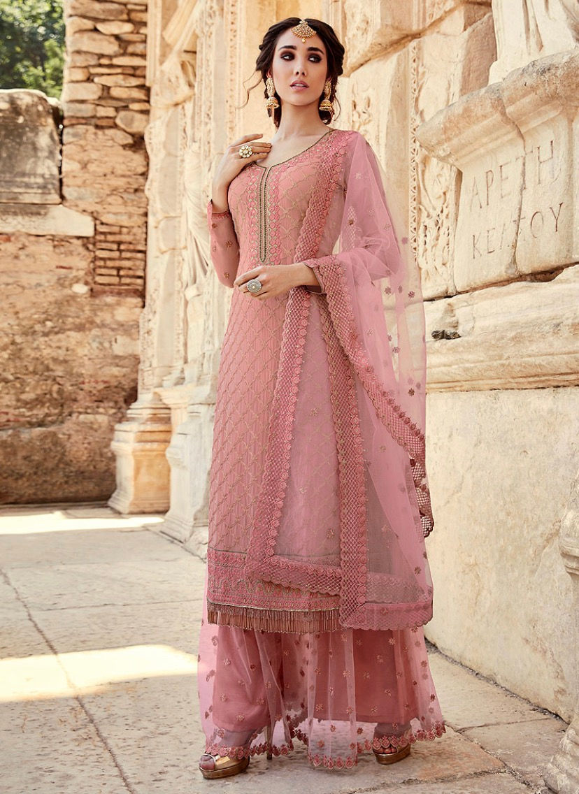 Light Pink and Gold Embroidered Palazzo Suit Product Code: M-90002