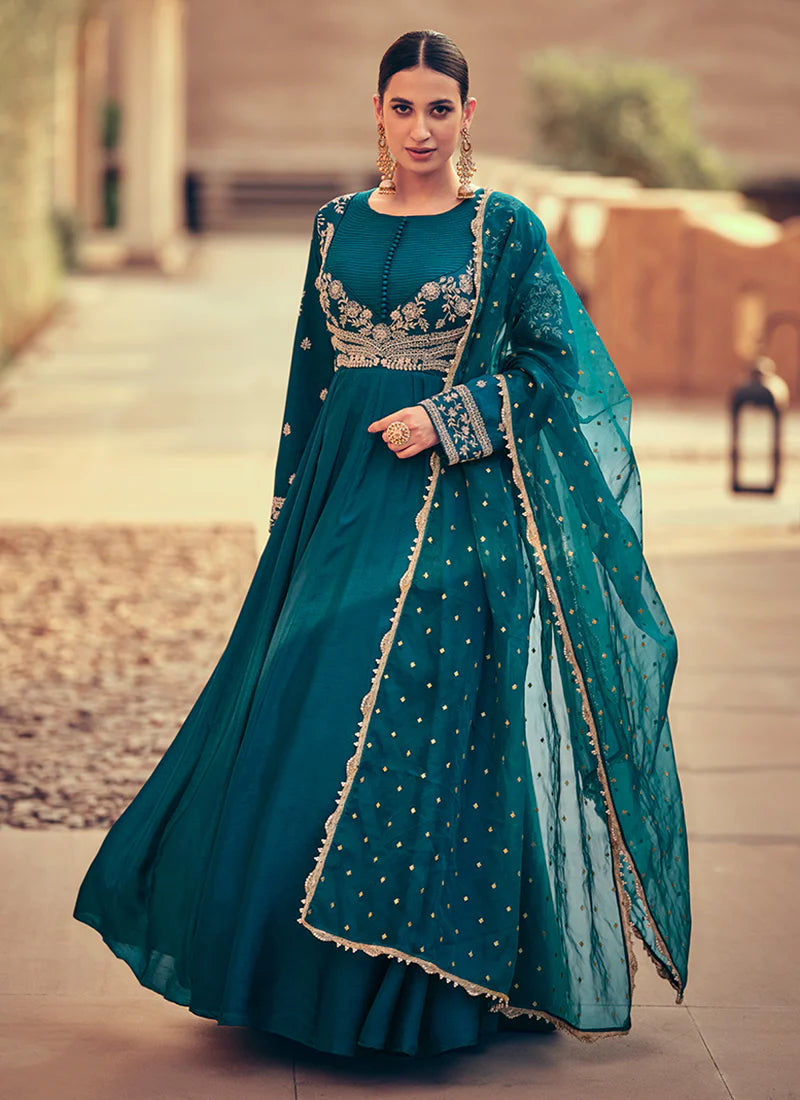 Teal Embroidered Anarkali Gown Product Code: SA-5404
