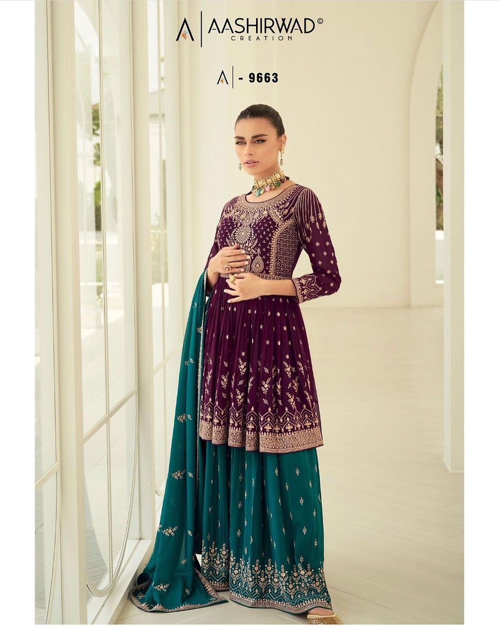 Purple and Turquoise Embroidery Anarkali Gharara Suit Product Code : ARW-96603