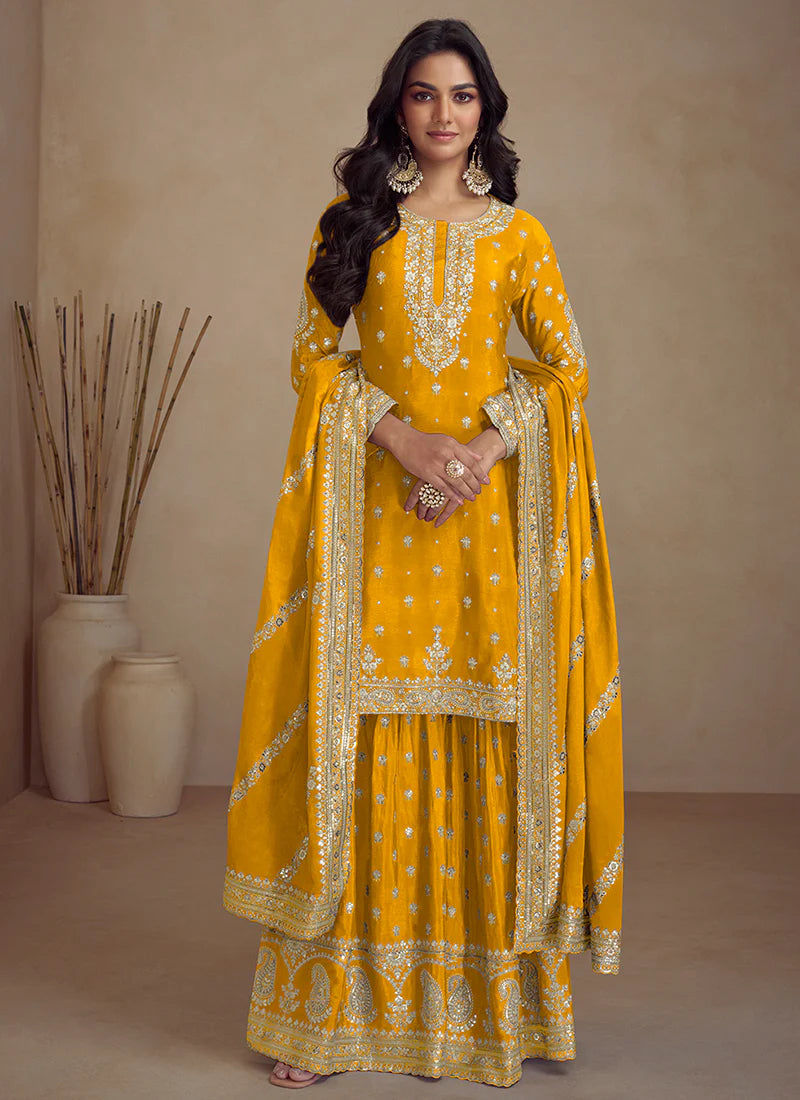 Yellow Embroidery Designer Sharara Suit Product Code : ARW-7466E