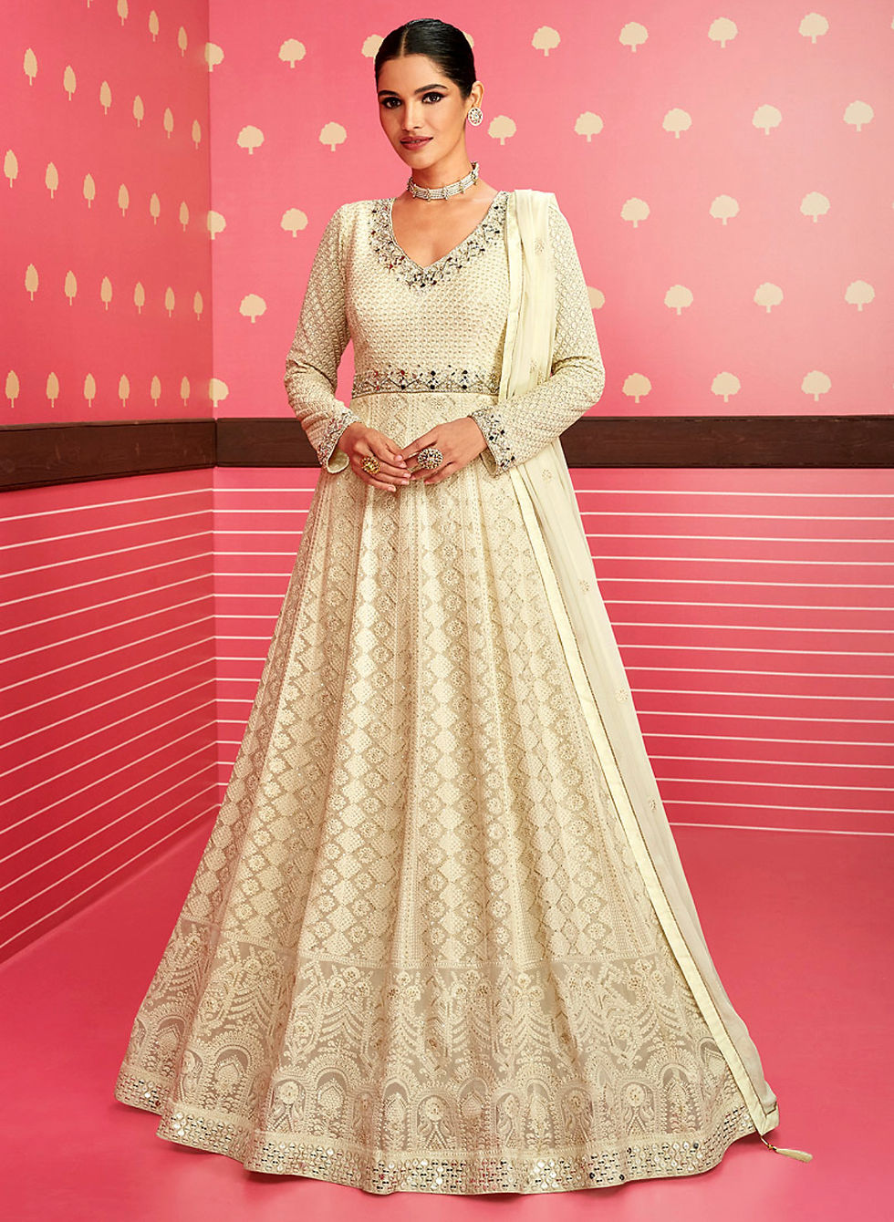 Off White Mirror Work Chikankari Georgette Anarkali Suit Product Code: ARW-5201