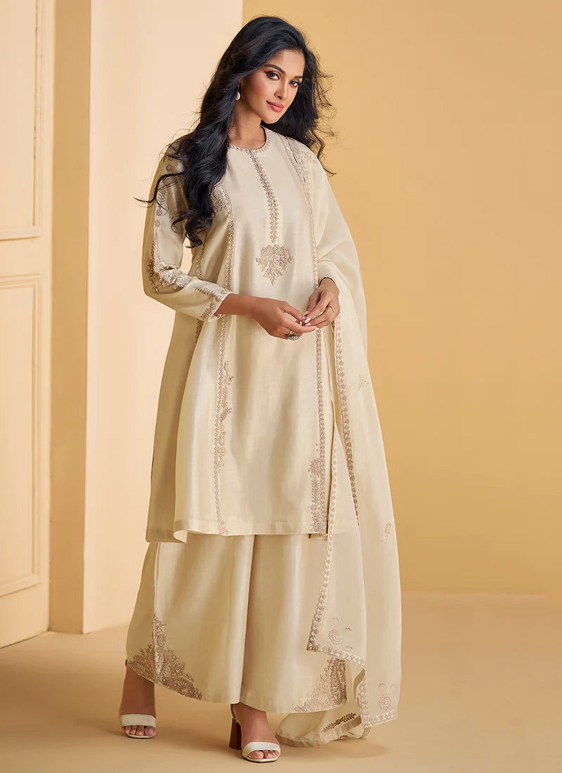 Pearl White Embroidered Party Wear Palazzo Suit Product Code: ARW-5550