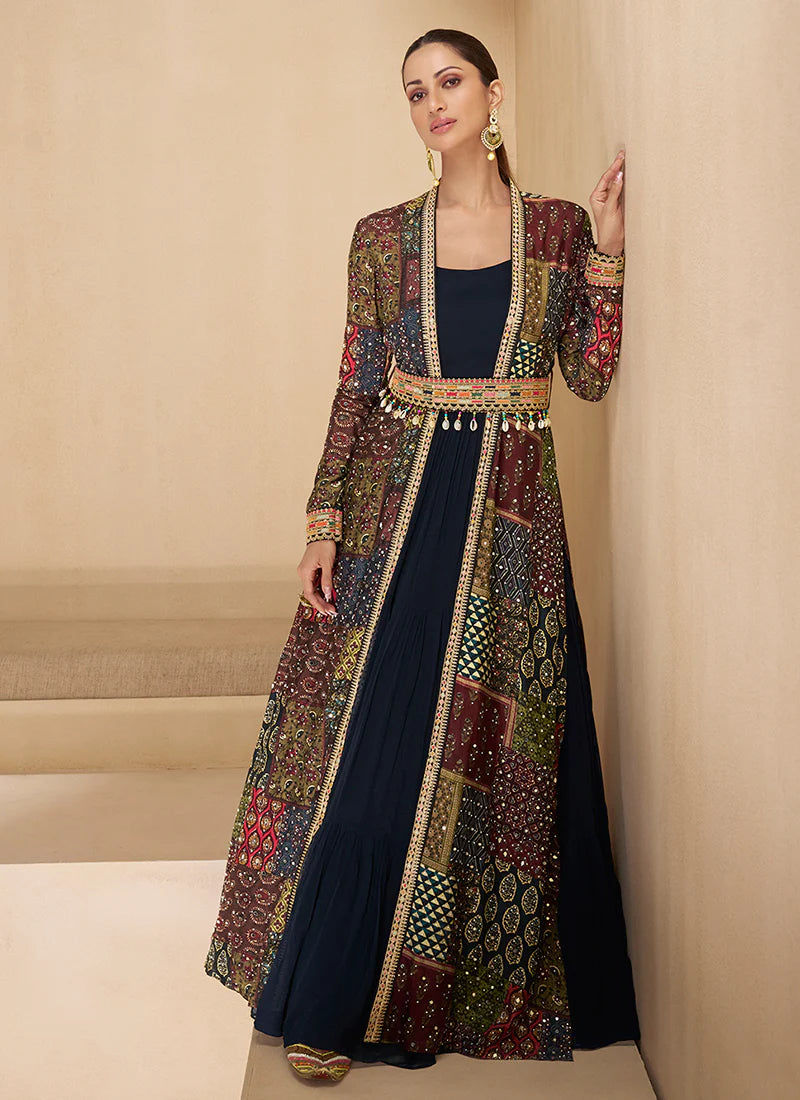 Black Multicoloured Embroidered Jacket Style Gown Product Code : ARW-5519