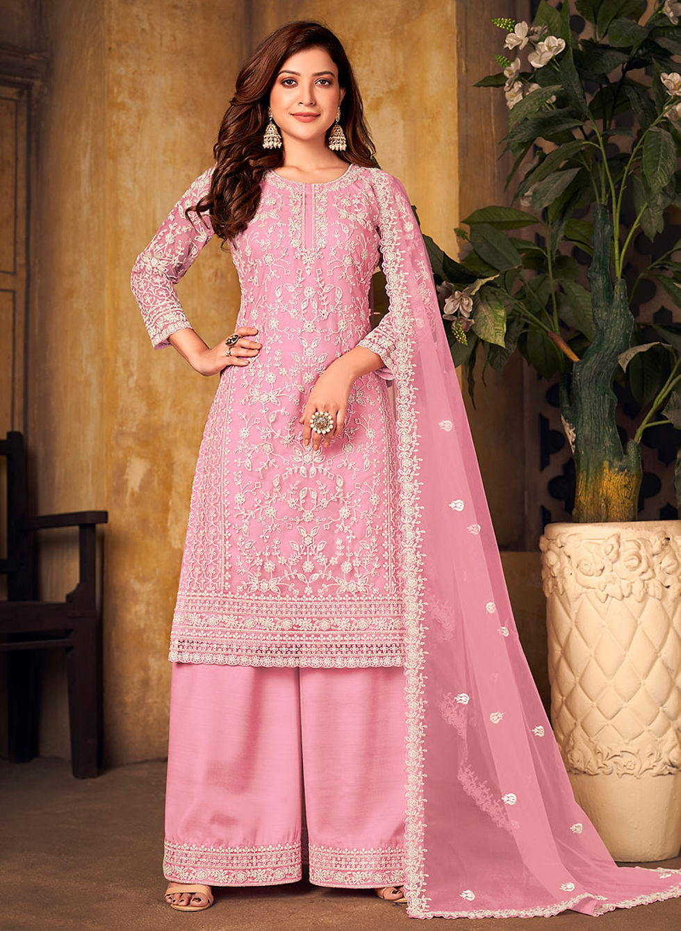 Pink Embroidered Palazzo Suit Product Code: TW-241
