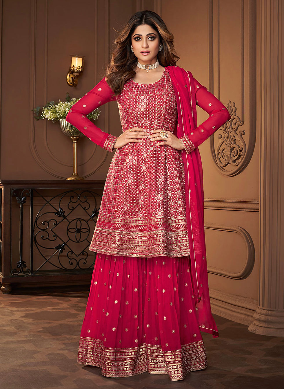 Pink and Gold Embroidered Gharara Suit Product Code : A-8694