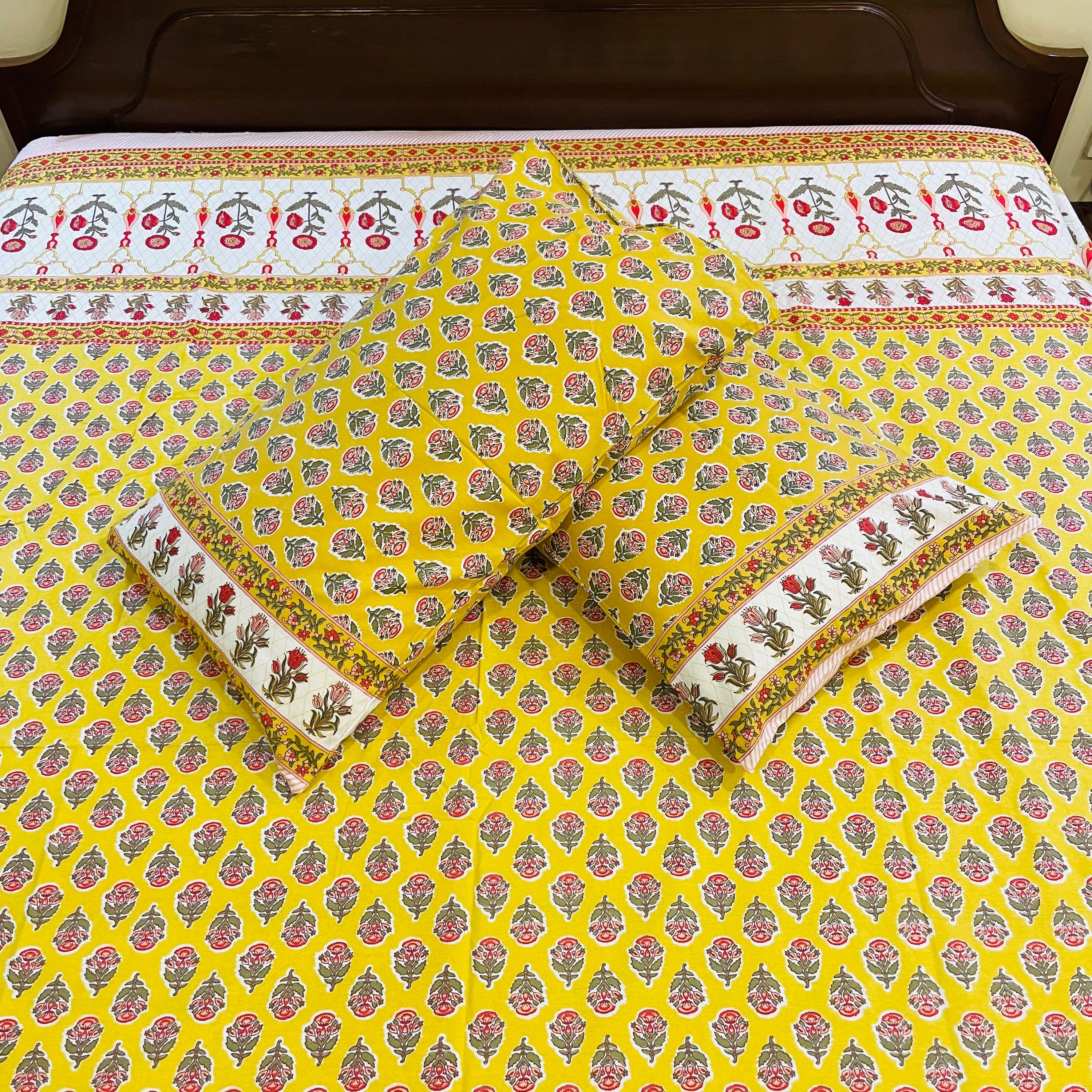 King Size Jaipuri Printed Bedsheet Set with 2 Pillow Covers