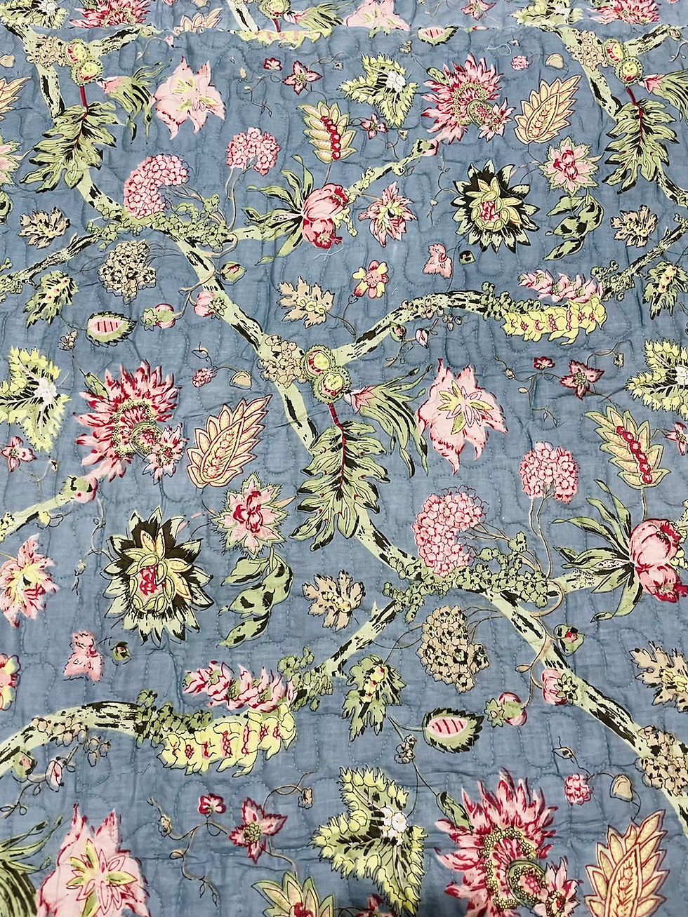 Thumbnail: Sky Blue & Green Floral Jaal Double Bed Reversible Comforter/ Bedcover- Quilted