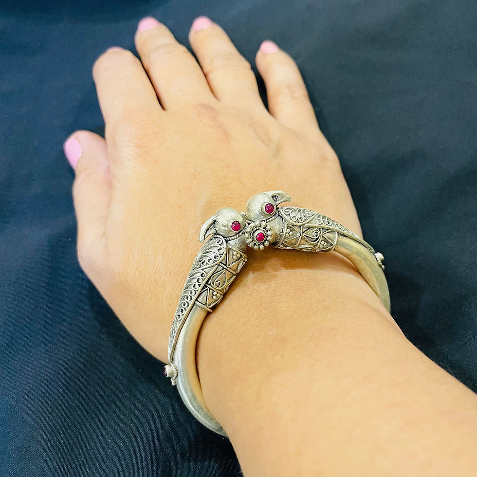 Thumbnail: 925 Sterling Silver Temple Work Kada Bangle- Red Stone Studded