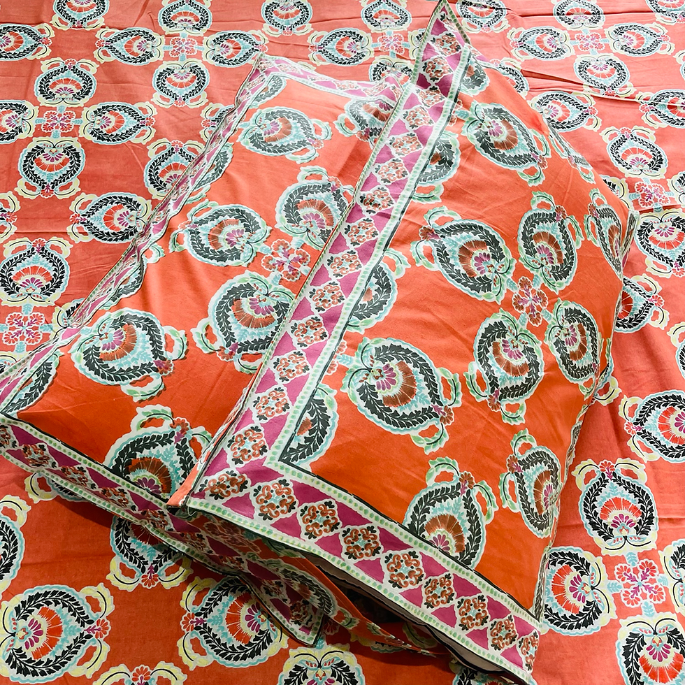 Thumbnail: Super King Printed Bed Sheet Set with 2 Pillow Covers- Orange