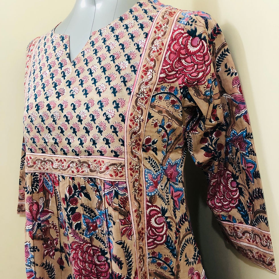 Thumbnail: Hand Blocked Stitched- 3 Piece Cotton Suit Set- Tusser Silk Dupatta