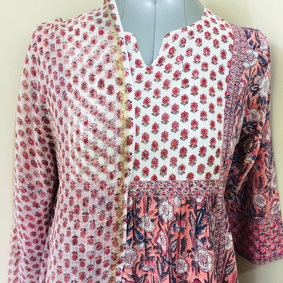 Thumbnail: Hand Blocked Stitched- 3 Piece Cotton Suit Set- Kota Doria Dupatta