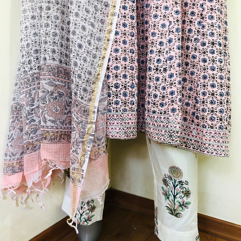 Thumbnail: Hand Blocked Stitched- 3 Piece Cotton Suit Set- Kota Doria Dupatta