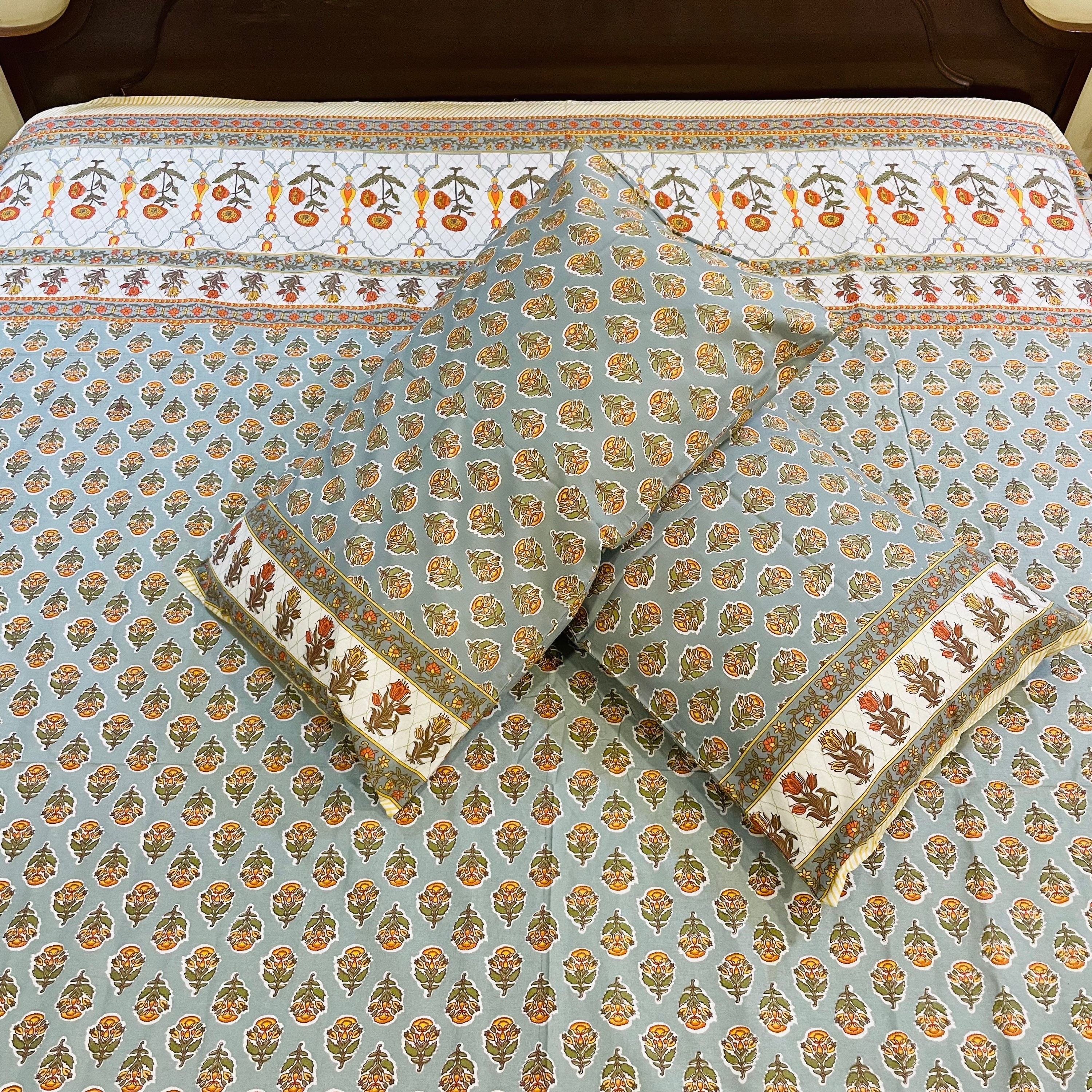 King Size Jaipuri Printed Bedsheet Set with 2 Pillow Covers